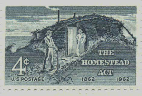 A 4-cent stamp issued in 1962 on the 100th anniversary of the Homestead Act.